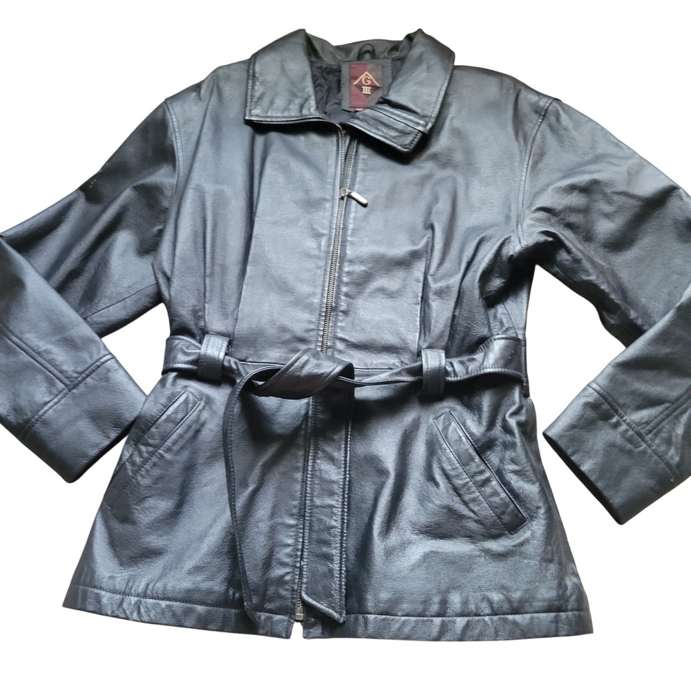 G-III Women Leather Jacket Medium Black Genuine Leather Belted Zip Trench Moto